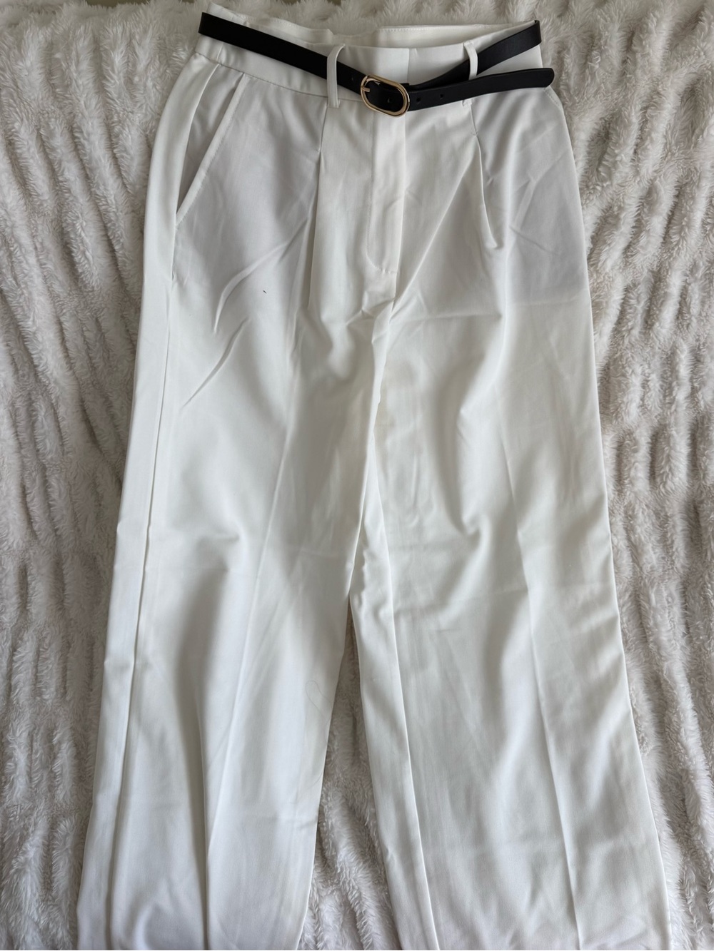 High-Waist White Pleated Trousers with Belt